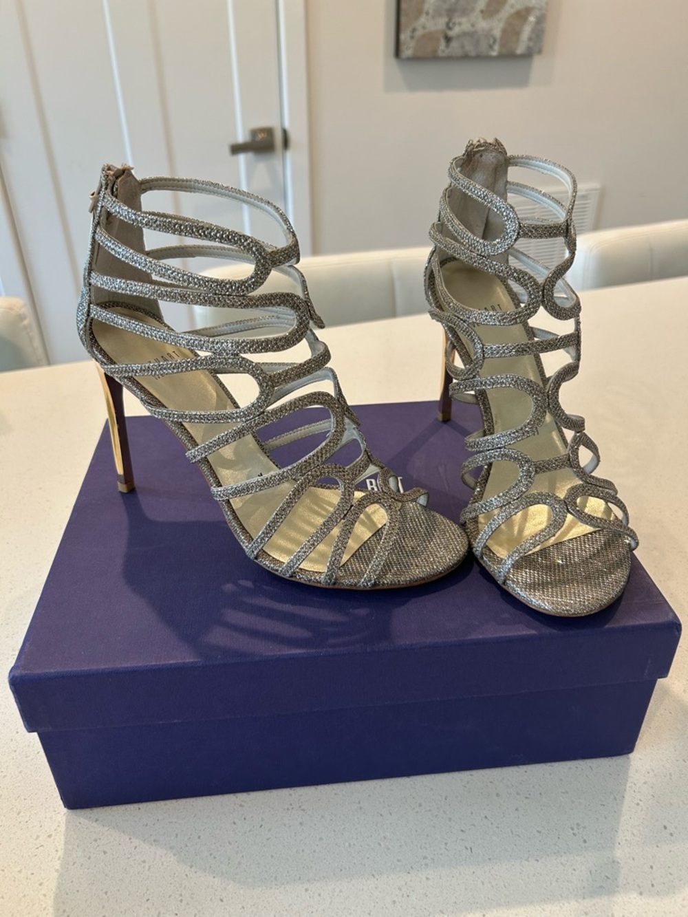 Stuart Weitzman Silver Metallic Strappy High Heel Sandals Size 7.5